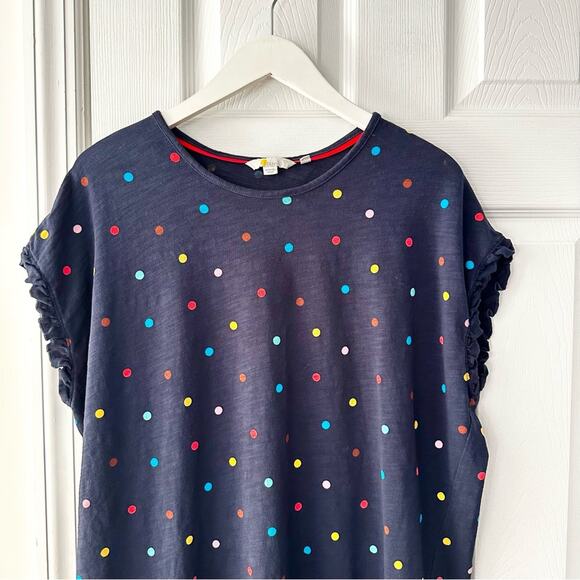 Boden Faye Navy Blue Ruffle Trim Multi Colored Polka Dot T Shirt Dress 12R J0900 - Picture 4 of 13